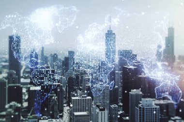 Chicago şehrinin siluet arkaplanı, turizm ve seyahat konseptinde soyut yaratıcı dijital dünya haritası hologramına çoklu pozlama