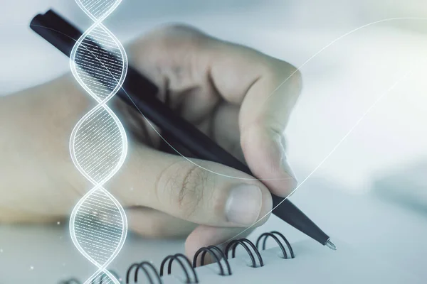 Conceito criativo com ilustração de símbolo de DNA e escrita à mão do homem em caderno no fundo. Conceito de pesquisa de genoma. Multiexposição — Fotografia de Stock