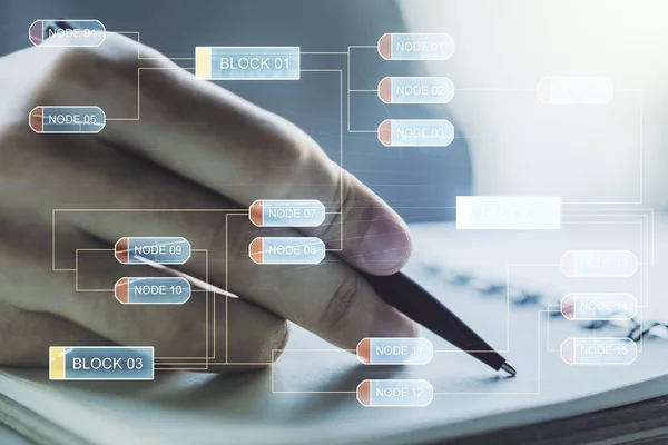 Ilustración de codificación creativa abstracta con la escritura manual del hombre en el diario sobre el fondo, concepto de desarrollo de software. Multiexposición —  Fotos de Stock