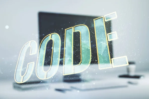 現代のコンピュータの背景に創造的なコードの単語の記号、国際的なソフトウェア開発の概念。多重露光 — ストック写真