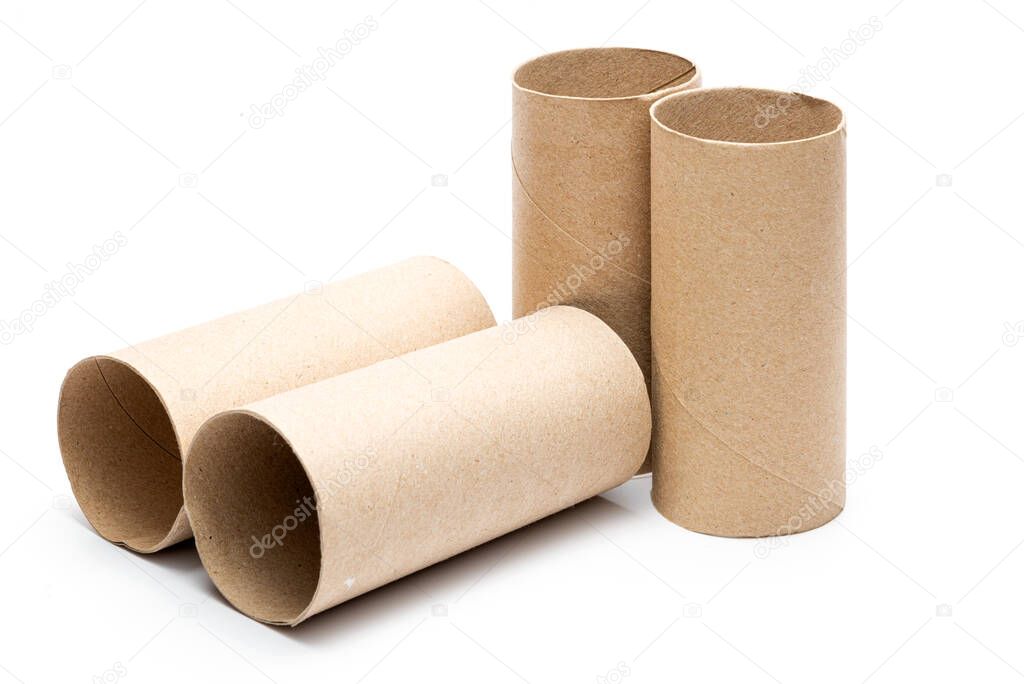 Isolated empty toilet paper rolls. Toilet paper core, Toilet roll core, Toilet paper tube. Paper waste for recycling.