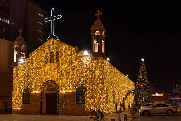 Haifa Izrael 2021 Katedrála Eliáše Katolického Obřího Vánočního Stromku Zdobeného — Stock fotografie