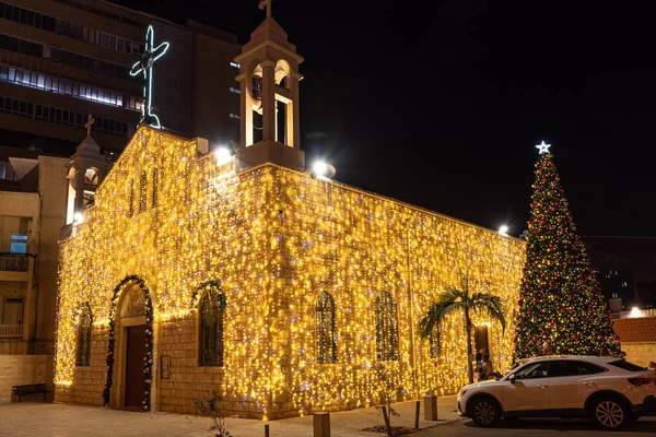 Хайфа Израиль 2021 Святой Илия Католический Гигантская Рождественская Елка Украшенная — стоковое фото