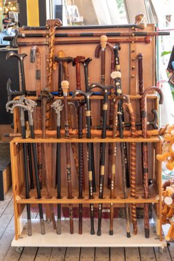 Jerusalem, Israel 11-23-2021  Walking sticks, canes for sale at the first train station in central Jerusalem, Israel