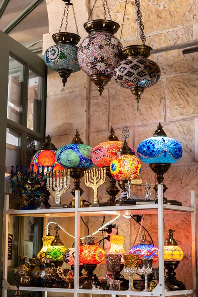 Jerusalem Israel November 2021 Stained Glass Lanterns Menorahs Brass Items — Stok fotoğraf