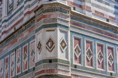 Florence, Italy 05-27-2017  Close up detail of the ornate marble decorative facade of the Cathedral of Santa Maria del Fiore, Florence, Tuscany, Italy 