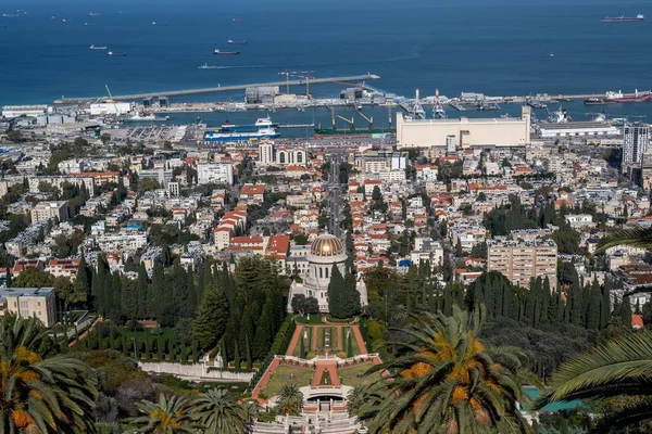 Vista Baía Haifa Templo Jardins Bahai Carmelo Montanha Haifa Israel — Fotografia de Stock