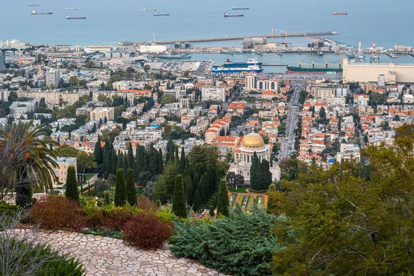 Veduta Della Baia Haifa Del Tempio Bahai Dei Giardini Dal — Foto Stock