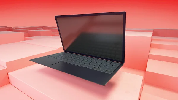 Laptop Aperto Con Schermo Spento Inclinato Volante Sui Blocchi Geometrici — Foto Stock