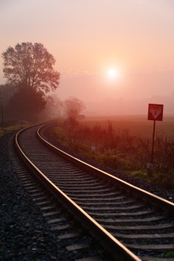 tren yolu boyunca sisli sonbahar sabahı