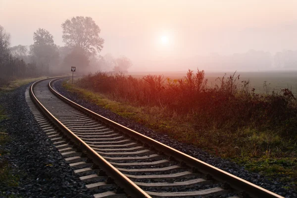 Trilha ferroviária durante a manhã nebulosa do outono — Fotografia de Stock
