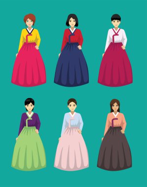 Çeşitli Hanbok Renkleri Koreli Geleneksel Kadın Çizgi Roman Vektörü