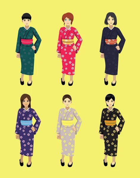 Verschiedene Kimono Blumen Farben Traditionelle Japanische Frau Cartoon Vektor — Stockvektor