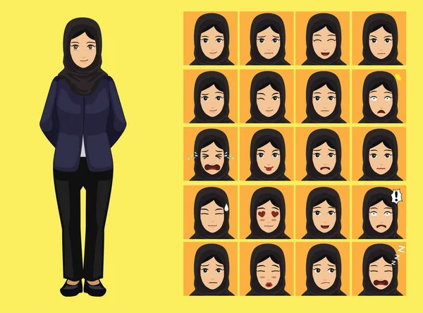Estilo Manga Árabe Mujer Negocios Ropa Caricatura Personaje Emoción — Vector de stock