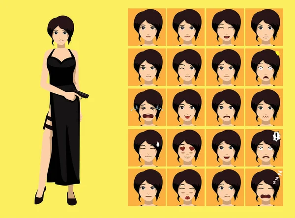 Manga Style Secret Agent Spy Woman Dress Cartoon Character Emotion - Stok Vektor
