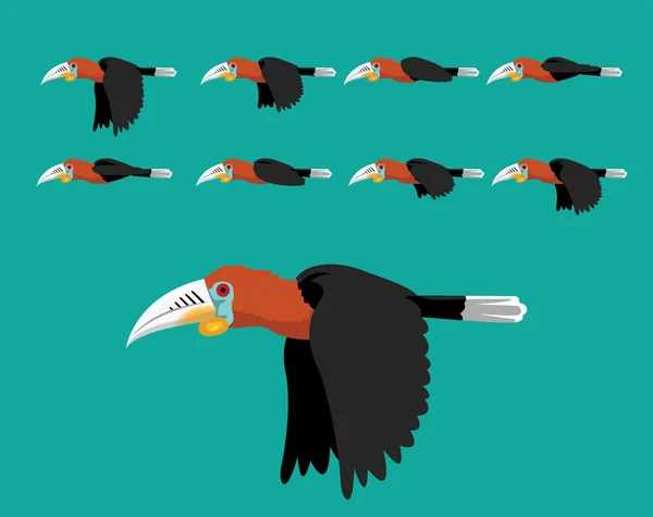 Sekwencja Animacji Zwierząt Rufous Necked Hornbill Latający Wektor Kreskówek — Wektor stockowy