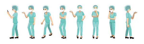 Ziekenhuis Personeel Verpleegster Met Masker Cartoon Poses Cartoon Vector Illustratie — Stockvector