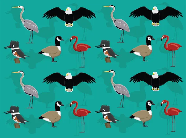 Bird Heron Águia Kingfisher Gansos Flamingo Vector Papel Parede Sem —  Vetores de Stock