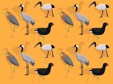 Asyalı Turna kuşu Moorhen Ibis Heron Vektörü Kusursuz Duvar Kağıdı