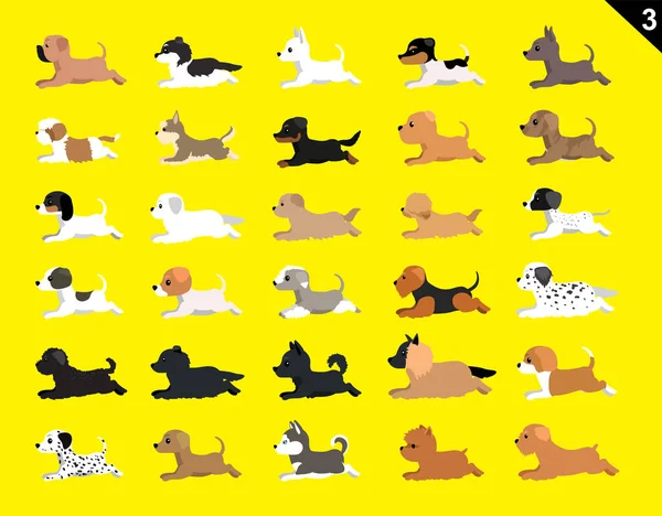 動物アニメーションシーケンス犬様々な品種セット3漫画ベクトル — ストックベクタ