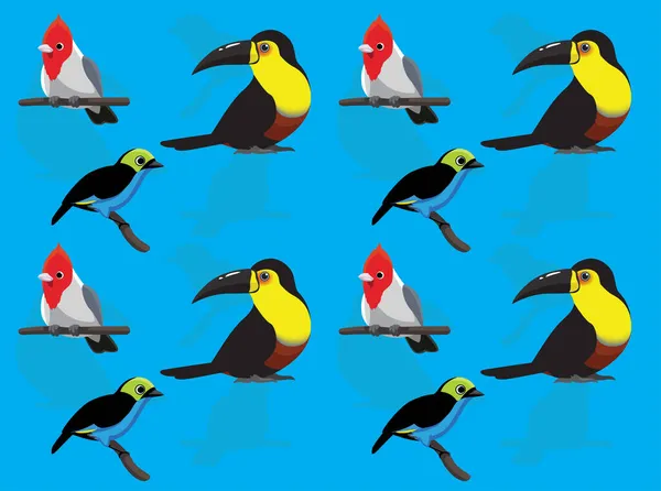 Toucan Kardynał Tanager Bird Caracter Zestaw Tapet Bez Szwu — Wektor stockowy