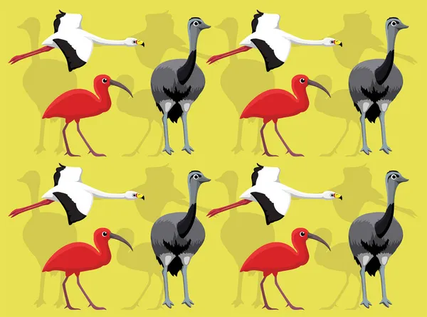 Ibis Flamingo Rhea Bird Cartoon Character Seamless Wallpaper Set — 스톡 벡터