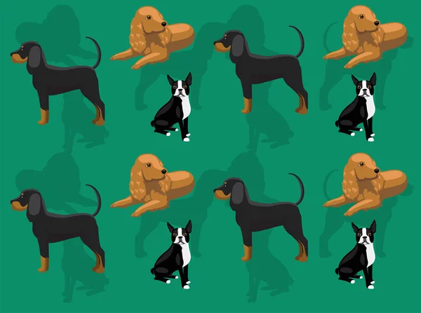 Coonhound Water Spaniel Boston Terrier Cartoon Character Nahtloses Tapeten Set — Stockvektor