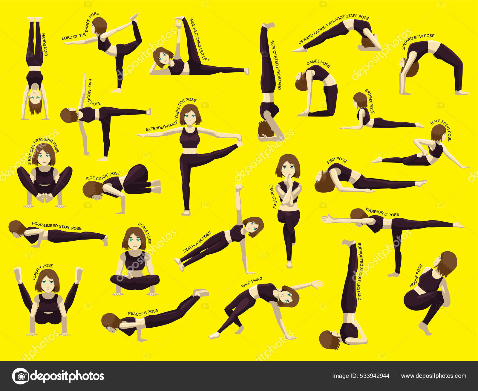Poses Yoga Con Nombre Postura Juego Personajes Dibujos Animados Vector de  stock #533942944 de ©Punnawich, image size:1600x1307