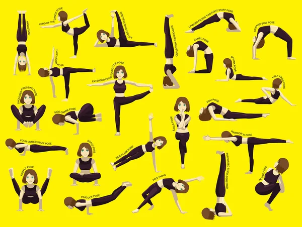 Yoga Poses Pose Name Cartoon Character Set — Stockový vektor