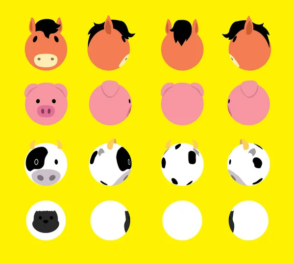 Ball Head Animal Horse Pig Cow Rotation Cartoon Vector Illustration — стоковый вектор