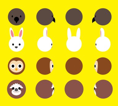 3D Top Kafa Hayvan Akbaba Tavşan Baykuş Tembel Şeytan Döndürme Çizgi Filmi Vektör İllüzyonu