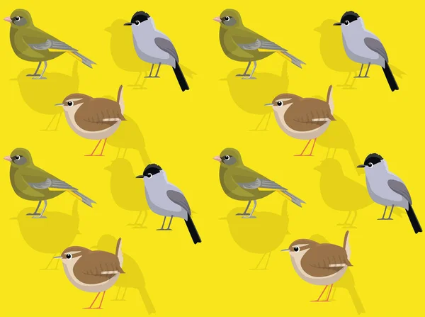 Bird Cartoon Greenfinch Black Cap Wren Seamless Wallpaper Background — 스톡 벡터