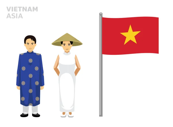 Βιετνάμ Σημαία Χώρα Παραδοσιακό Φόρεμα Ζευγάρι — Διανυσματικό Αρχείο