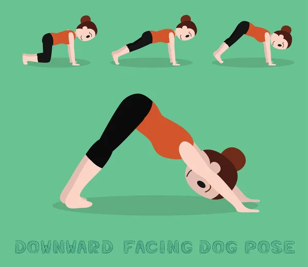 Tutorial Yoga Boca Abajo Pose Cute Cartoon Vector Illustration — Vector de stock