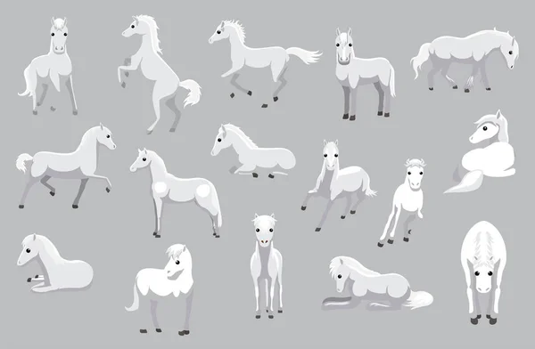 Desenhos Animados Branco Cavalo Pegasus Bonito Vários Poses Cartoon Vector — Vetor de Stock