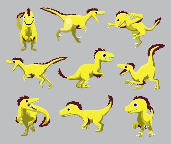 Dessin Animé Dinosaure Velociraptor Mignon Diverses Poses Illustration Vectorielle Bande — Image vectorielle