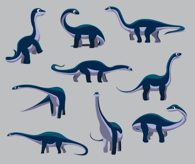 Karikatür Dinozor Sauropod Diplodocus Şirin Çeşitli Pozlar Çizgi Film Vektör İllüzyonu