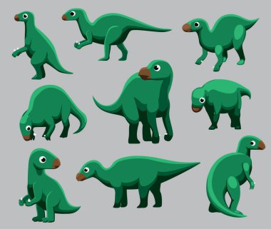 Karikatür Dinozor Iguanodon Şirin Çeşitli Pozisyonlar Çizgi film Vektör İllüzyonu