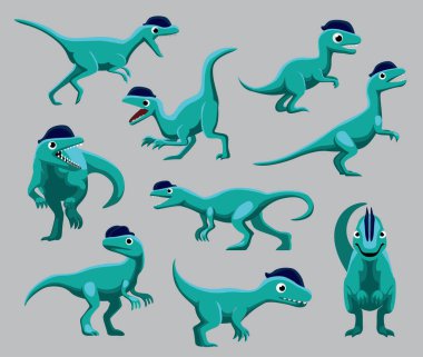 Çizgi film Dinozor Dilophosaurus Şirin Çeşitli Pozisyonlar Çizgi film Vektör İllüstrasyonu