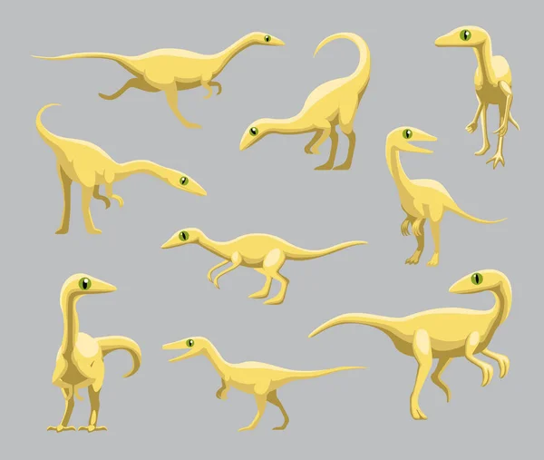 Cartoon Dinosaur Compsognathus Schattig Diverse Poses Cartoon Vector Illustratie — Stockvector