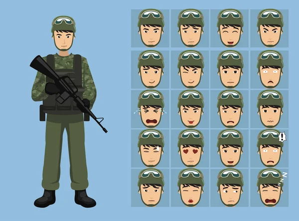 Styl Manga Przystojny Oficer Wojskowy Żołnierz Ubrania Kreskówki Emocje Znaków — Wektor stockowy