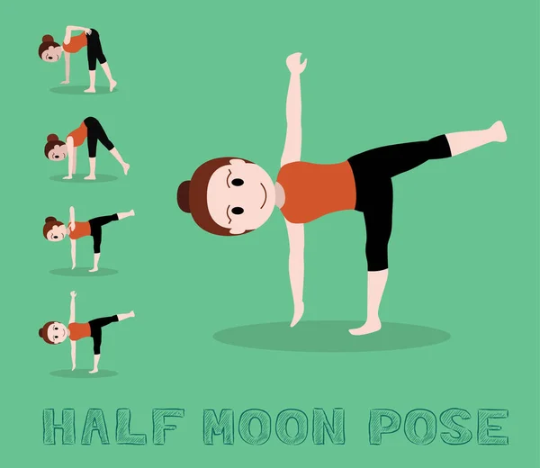 Tutorial Yoga Media Luna Pose Cute Cartoon Vector Illustration — Archivo Imágenes Vectoriales