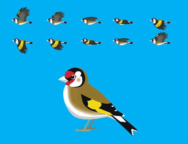 Ευρωπαϊκή Goldfinch Flying Animation Χαριτωμένο Κινούμενο Σχέδιο Εικονογράφηση Διάνυσμα — Διανυσματικό Αρχείο