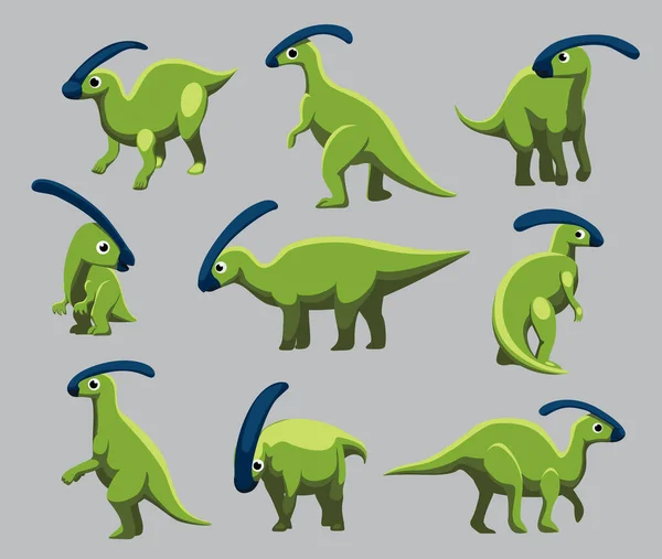 Dibujos Animados Dinosaurio Parasaurolophus Lindo Varios Poses Cartoon Vector Ilustración — Archivo Imágenes Vectoriales