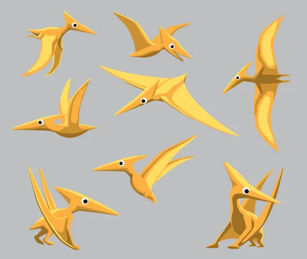 Desenhos Animados Dinossauro Pteranodon Bonito Várias Poses Cartoon Vector Ilustração —  Vetores de Stock