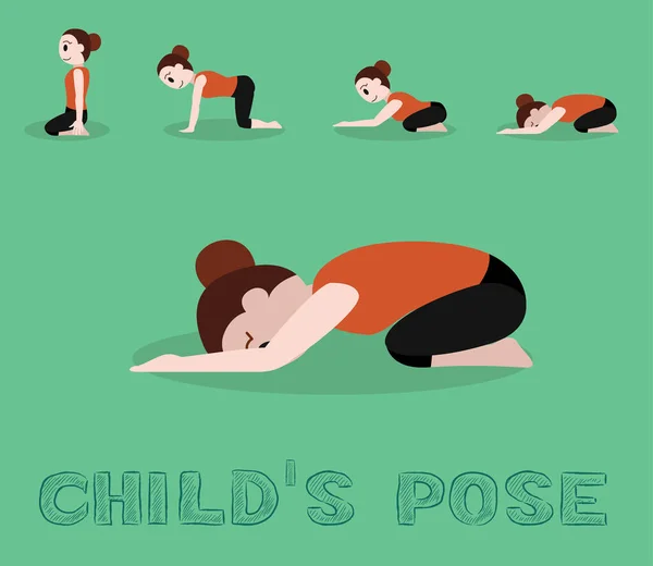 Yoga Tutorial Childs Pose Cute Cartoon Vector Illustration — 스톡 벡터