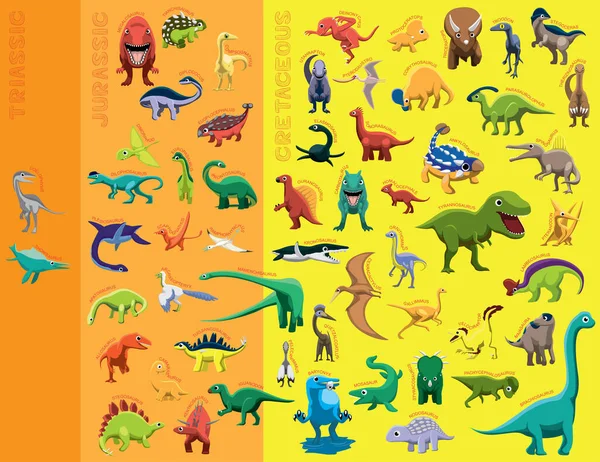 Dierlijke Dinosaurus Soort Periode Cartoon Vector Illustratie Set — Stockvector