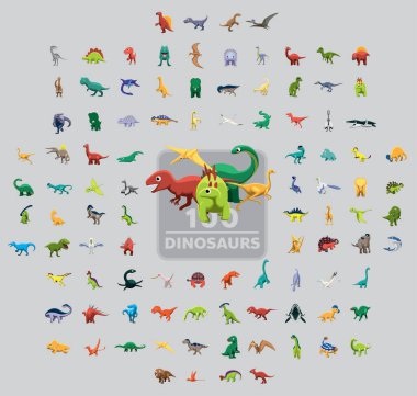 Yüz Dinozor Çizgi film Vektör İllüstrasyon Kümesi