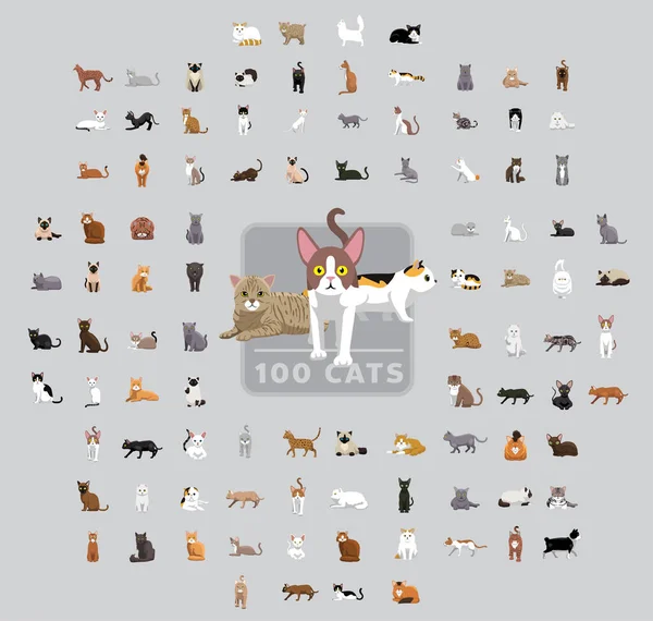 One Hundred Cats Cartoon Vector Illustration Set — Stockvector