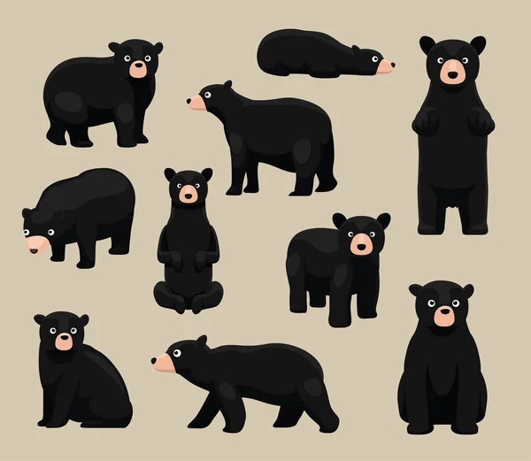 Animal Black Bear Poses Cute Cartoon Vector Illustration — Stock Vector